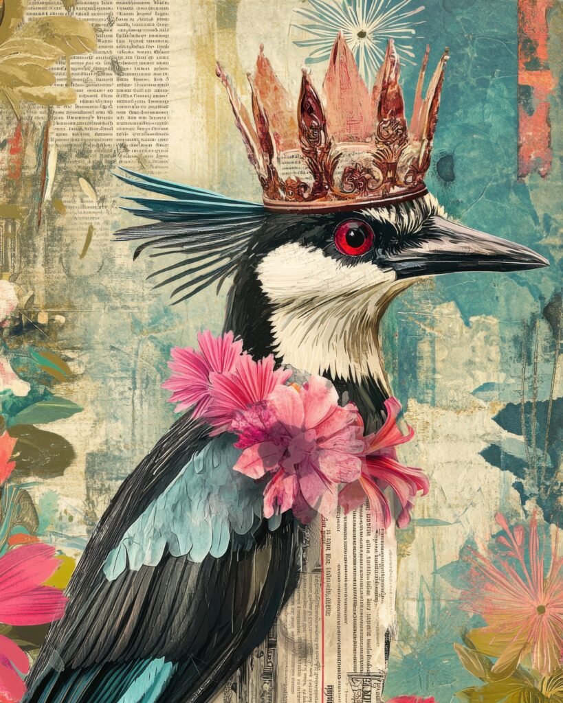 Regal Bird with a Crown and Pink Blossoms