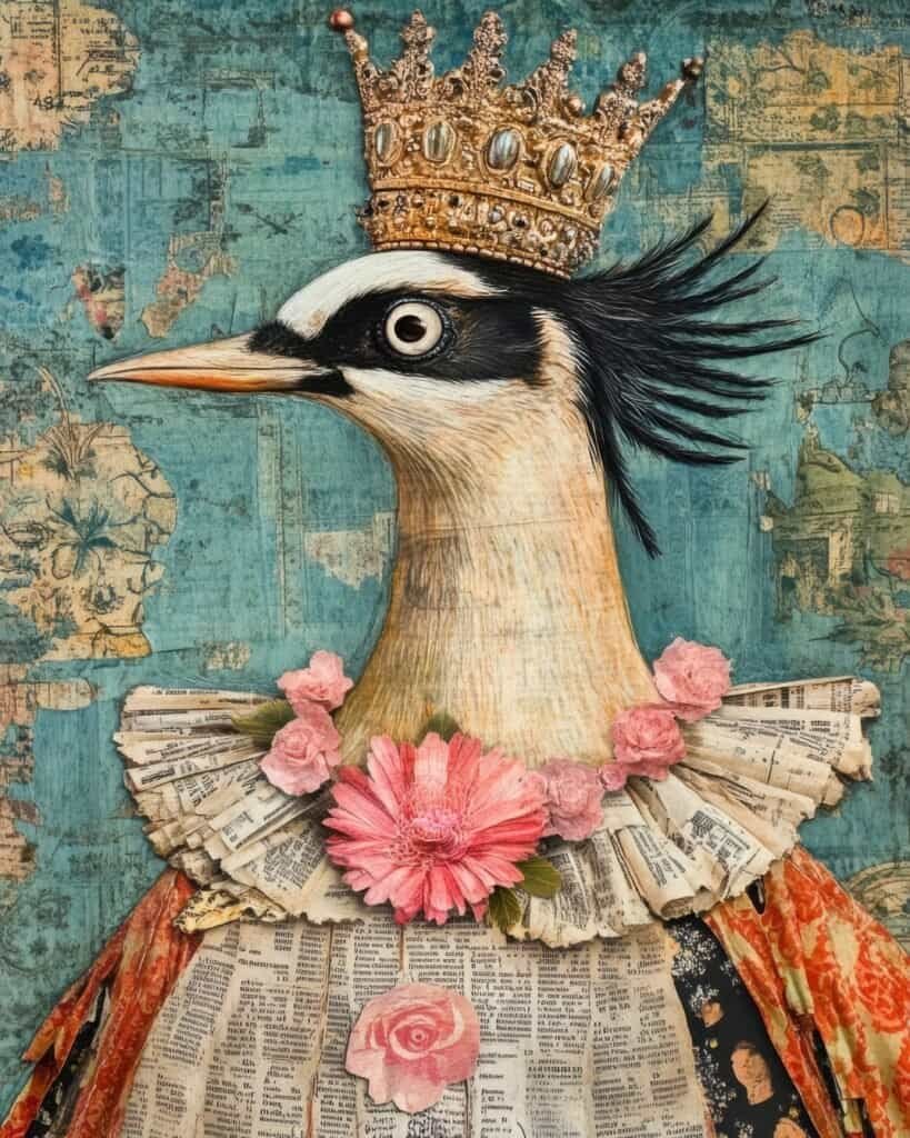 Crowned Bird in a Newspaper Gown