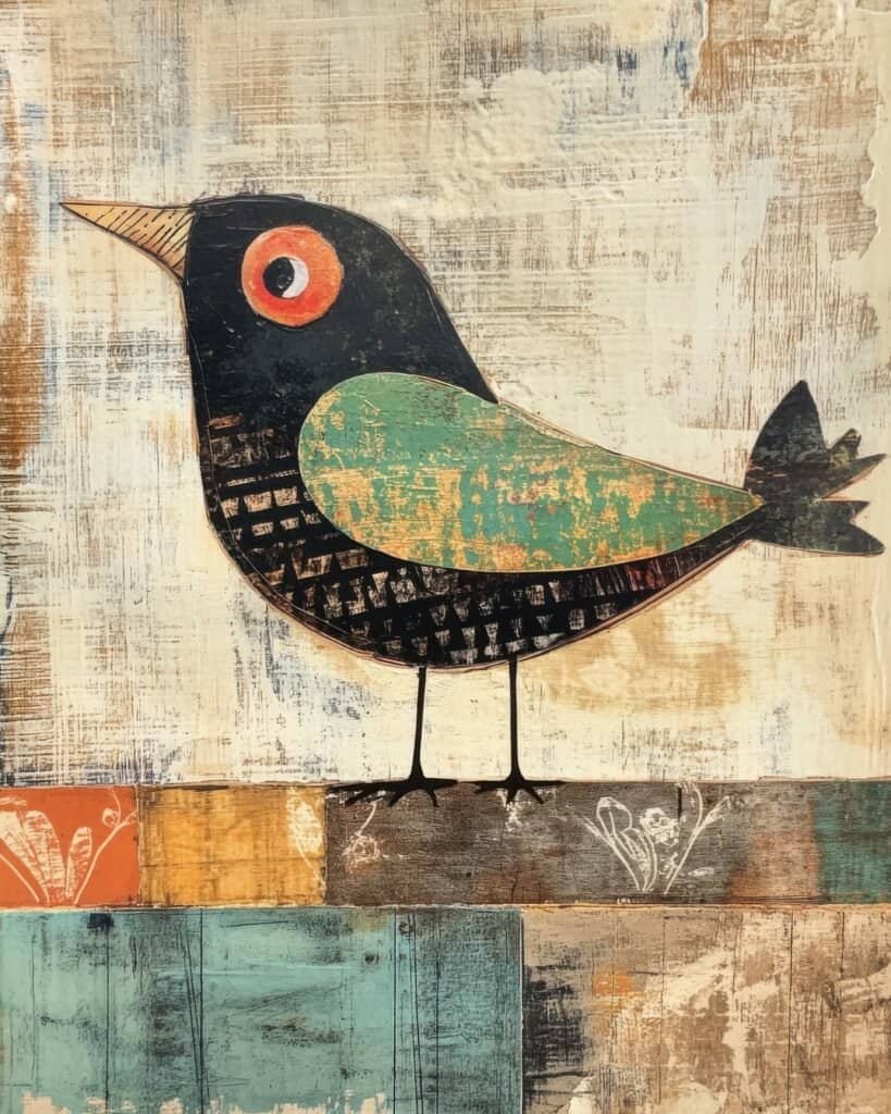 Folk-Art Inspired Bird with Green Wing