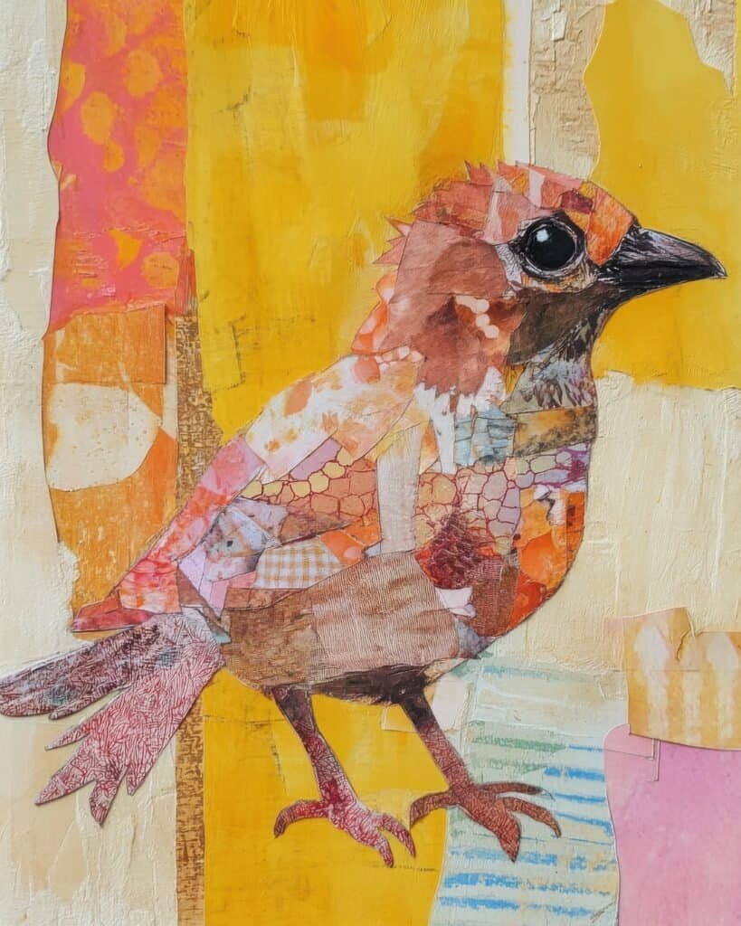 Yellow Collage Bird with Patchwork Details