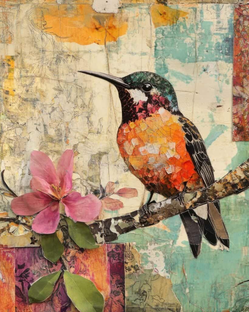 Hummingbird with Mosaic Patterns and Blossoms