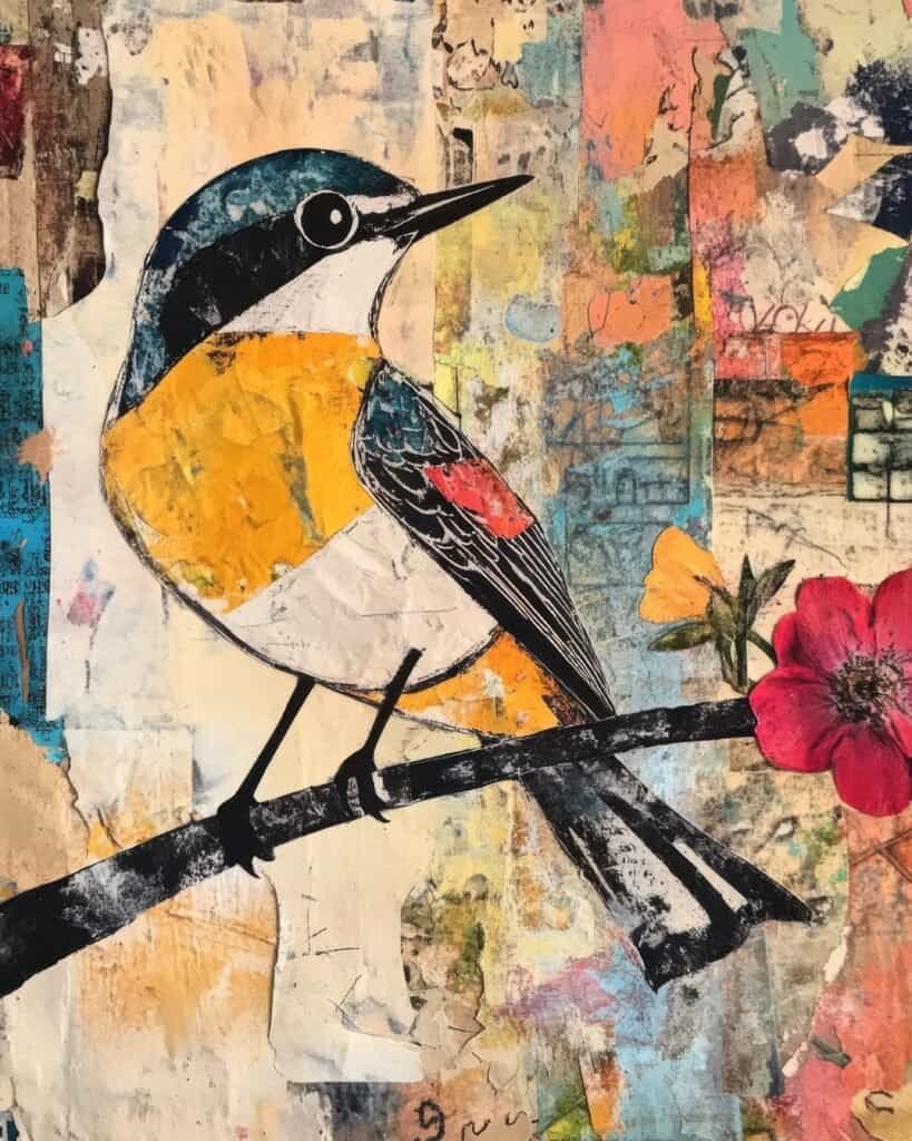 Vibrant Bird Against a Collaged Background