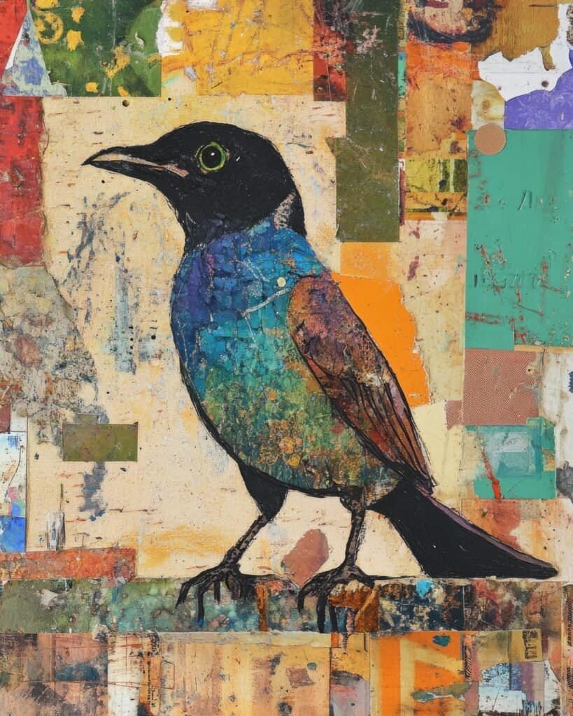 Patchwork Bird in Blue and Orange