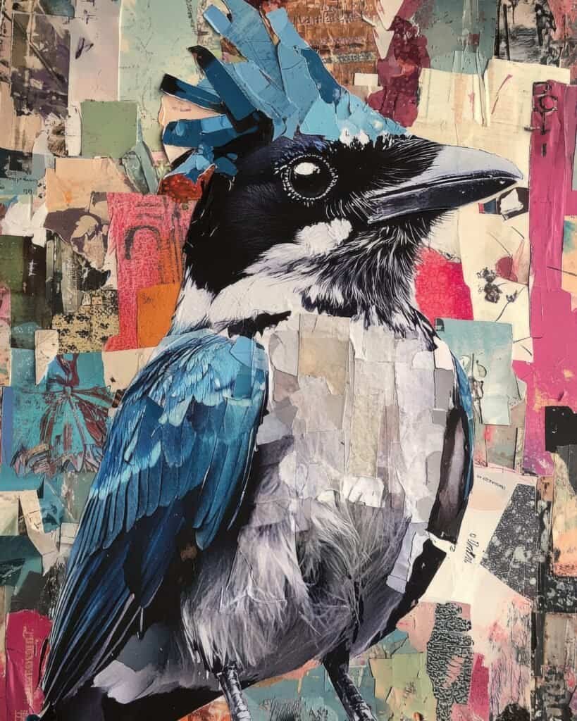 Collaged Blue Jay with Modern Abstract Background