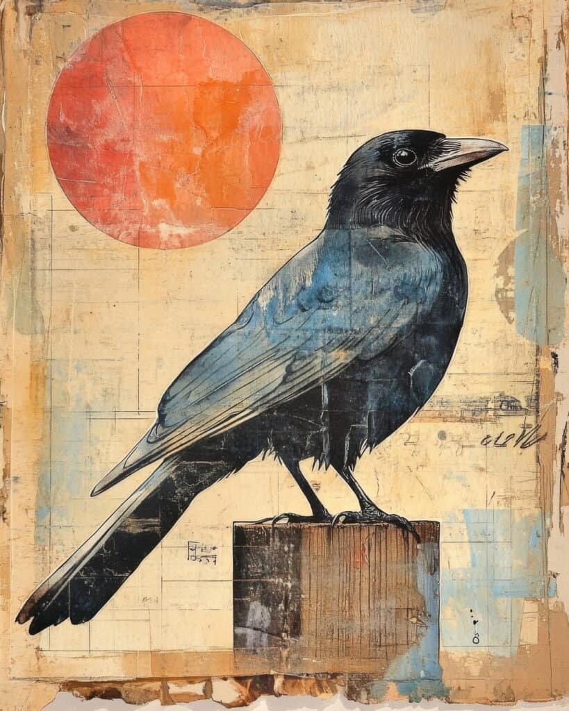 Crow with Vintage Sun and Blueprint Accents