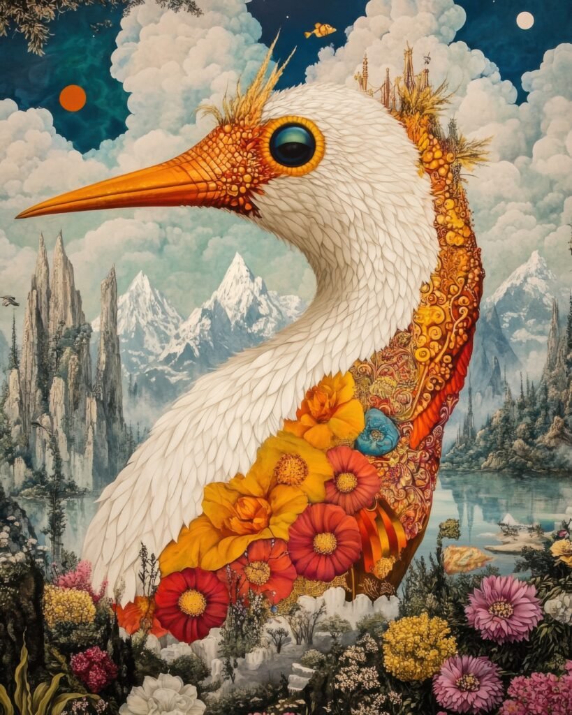 Surreal White Bird with Golden Florals