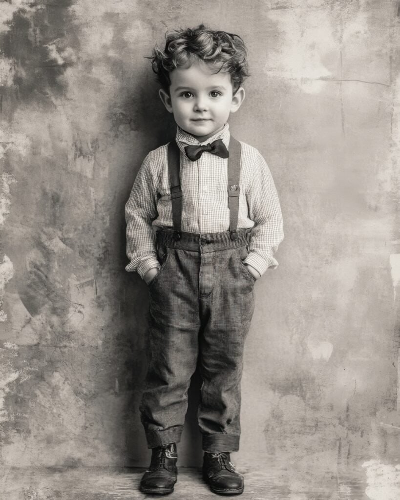 Charming Young Boy in Bow Tie and Suspenders