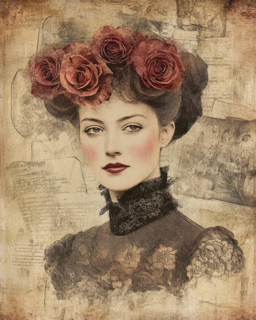 Vintage Lady with Roses and Script Background