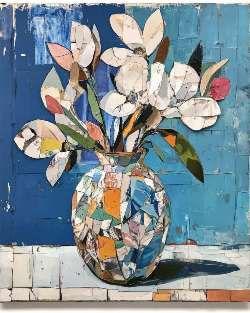 Mosaic Vase with White Flowers