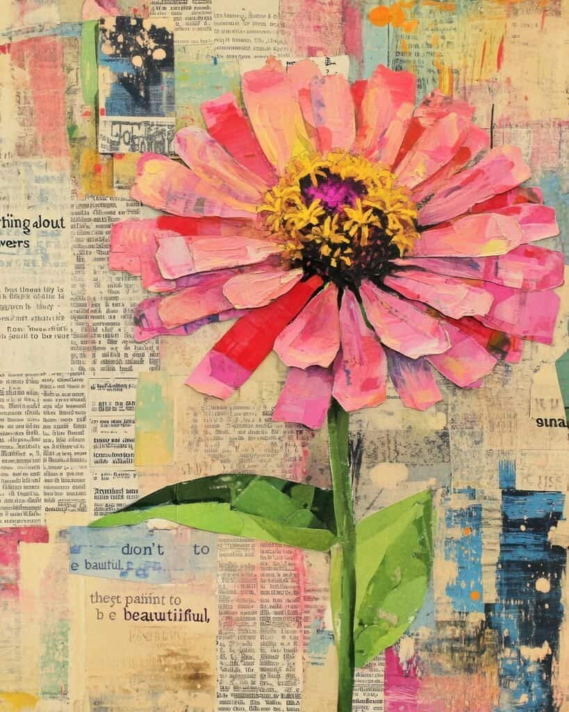 Pink Zinnia with Newspaper Collage