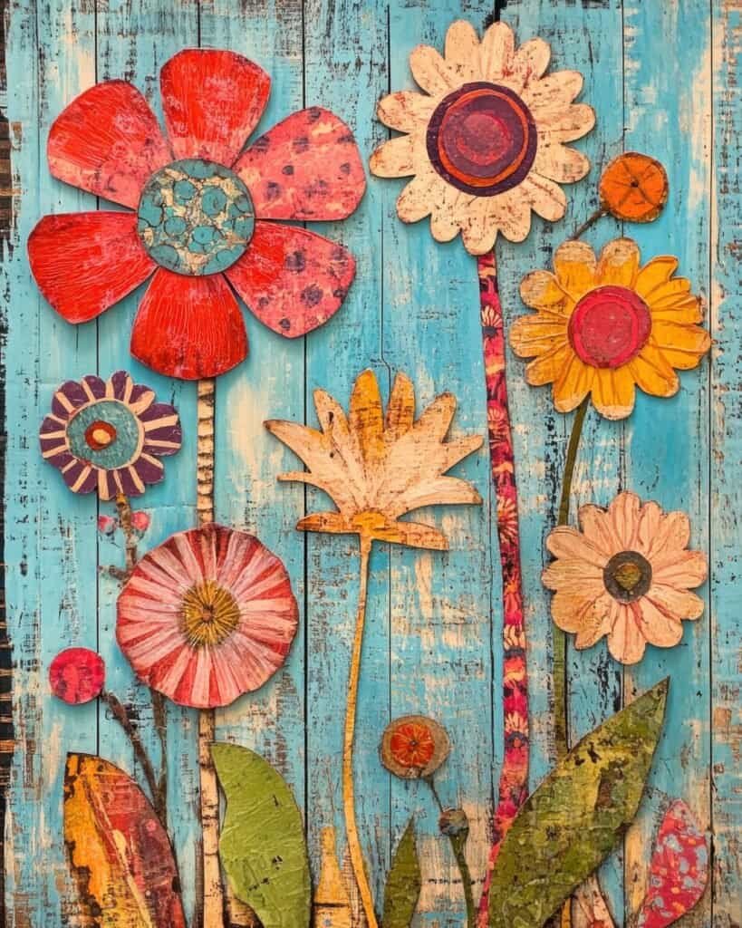 Rustic Floral Collage on Weathered Wood