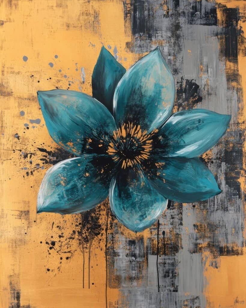 Bold Teal Flower with Metallic Gold Splashes