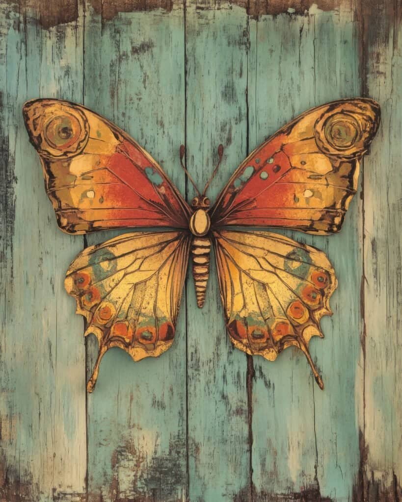 Golden Butterfly on Vintage Teal Wood