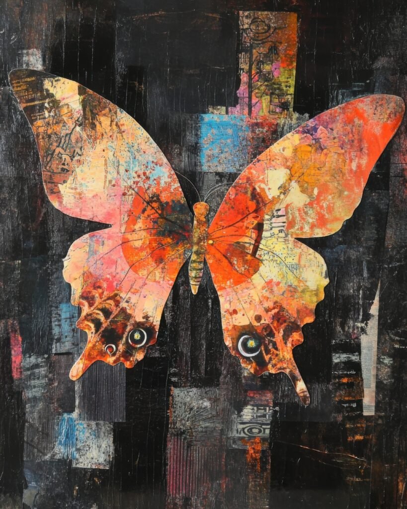 Textured Orange Butterfly with Collage Elements