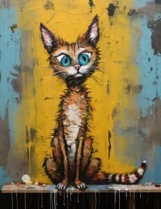 Fluffy Cat with Blue Eyes and Dripping Paint