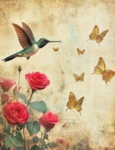 Hummingbird and Golden Butterflies Over Roses