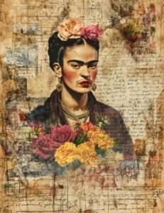 Frida Kahlo Surrounded by Flowers and Script
