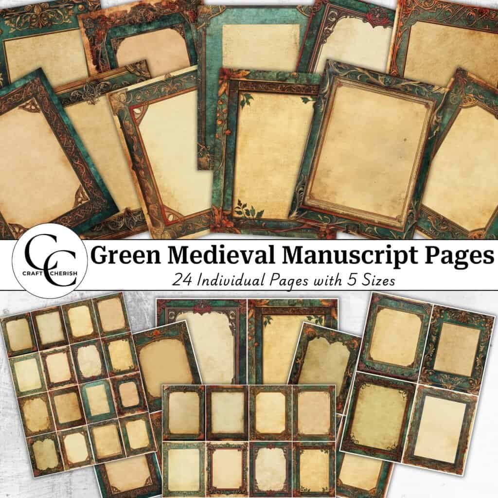 24 Green Medieval Illuminated Manuscript Pages, Junk Journal Background ...