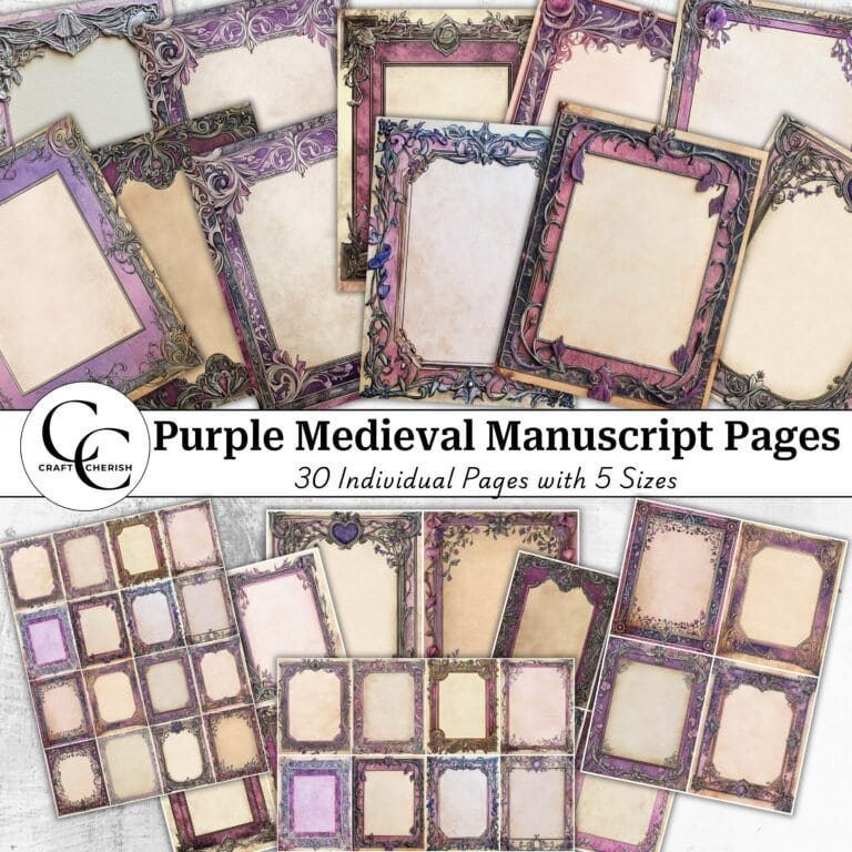 30 Purple Medieval Illuminated Manuscript Pages, Junk Journal Background Paper Printable, Collage Sheet, Scrapbook Page, High Quality, Digital Download