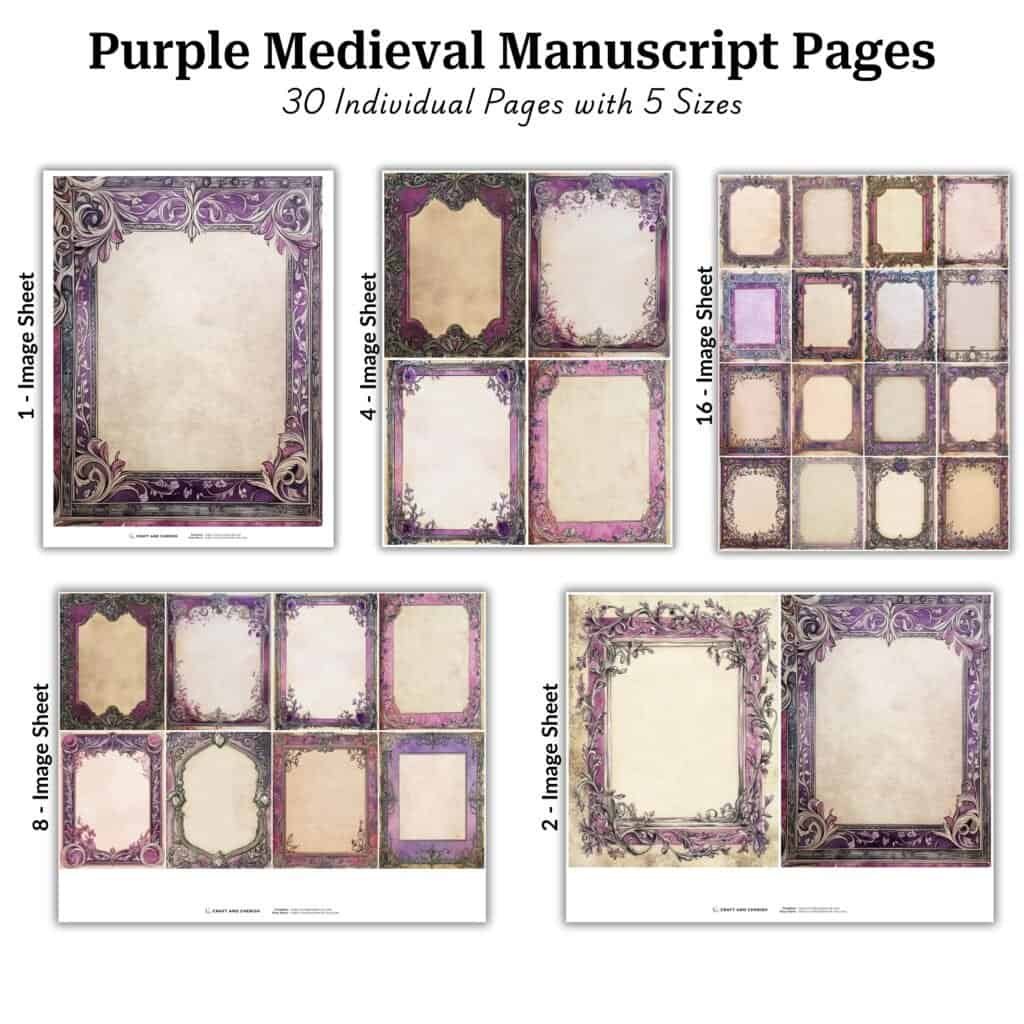 30 Purple Medieval Illuminated Manuscript Pages, Junk Journal ...