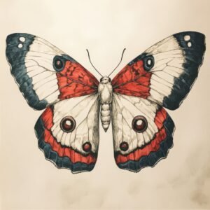 Vintage red and navy ink drawing of butterfly with symmetrical wing patterns and hand-inked detailing