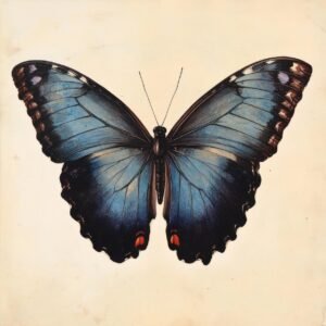 Vintage illustration of a blue butterfly with orange wing spots and dark edging, ink-drawn in naturalistic style