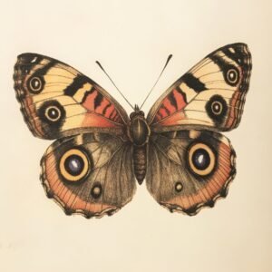 Earth-tone vintage butterfly with eye spots and warm ink accents on a beige background