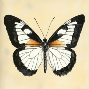 Black and white vintage butterfly with orange accent patch on each wing, drawn in fine ink lines