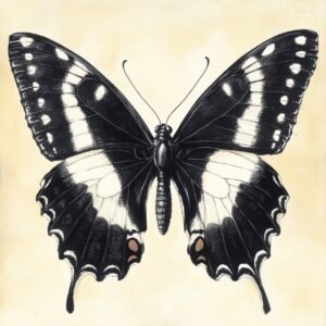 Antique-style black and white butterfly illustration with long wing tips and dotted wing patterns