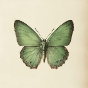 Green ink illustration of a butterfly with soft shading and natural detailing on light paper background.