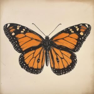 Black and white vintage butterfly with orange accent patch on each wing, drawn in fine ink lines