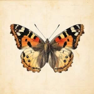 Antique butterfly illustration with rust-orange and cream tones on aged background