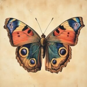 Bright, multicolored butterfly drawing with ornate wing details and vintage paper background
