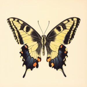 Cream and navy swallowtail butterfly with black outlines and small orange details in vintage sketch style