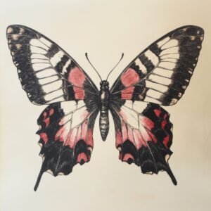 Soft pink and black ink butterfly illustration with delicate shading and vintage-style detailing on a neutral background