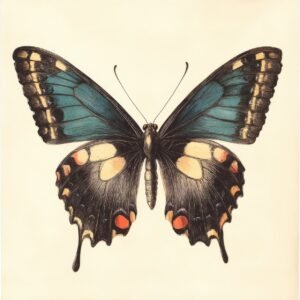 Vintage butterfly drawing with teal and black wings, cream spots, and curved drop-shaped wing tips