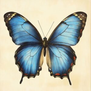 Vintage butterfly illustration in deep blue with black edging and orange accents, symmetrical open wings