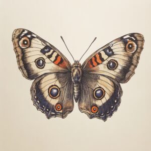 Antique-style butterfly in warm brown and orange tones with bold circular eyespots and detailed ink lines