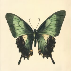 Green vintage butterfly drawing with tail-like lower wings and brown markings on cream background