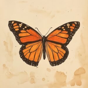 Orange and black monarch butterfly illustration with aged paper stains and bold contrast.