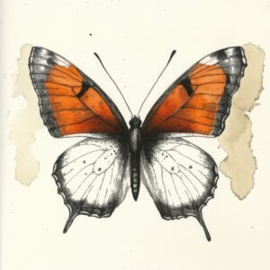 Vintage butterfly with stark white lower wings and orange upper wings, black tips, and inked textures
