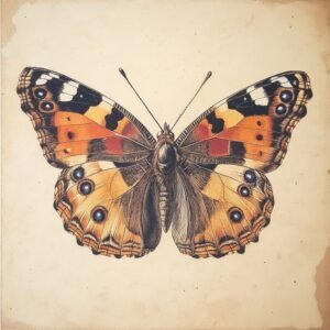 Bright vintage butterfly illustration with pastel-toned wings and circular eyespots, isolated on parchment