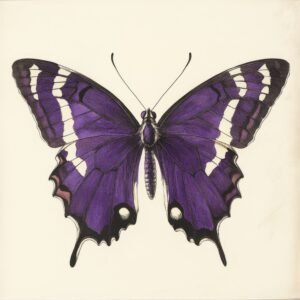 Inked butterfly drawing in purple and white, with sharp wing shapes and hand-drawn texture