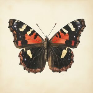 Red and black butterfly with strong lines and cream wing tips, drawn in vintage botanical style.