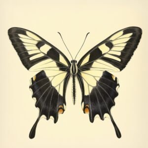 Vintage illustration of a cream and black swallowtail butterfly with elongated tail edges.