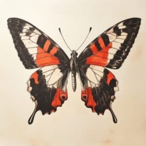 Red, white, and black vintage butterfly illustration with dramatic wing tips and high contrast ink shading