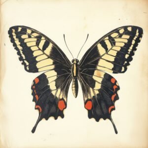 Cream and black vintage butterfly drawing with long tails and red-orange wing tips on aged paper.
