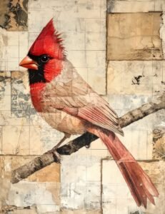 Textured Red Cardinal with Earthy Grid
