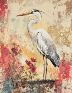 Tall Heron with Red Wildflowers