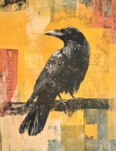 Charcoal Raven on Golden Backdrop